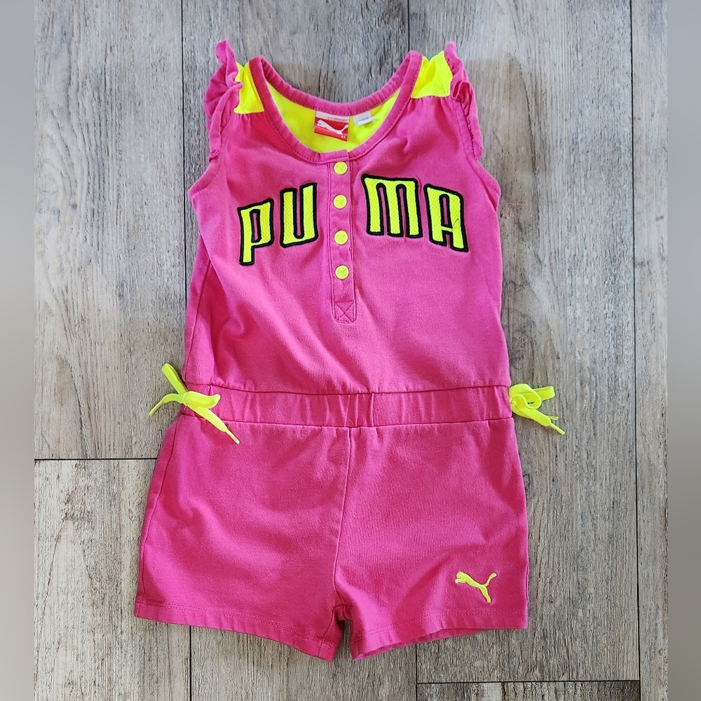 PUMA Toddler Girls One Piece Short Romper- Pink/Neon Green